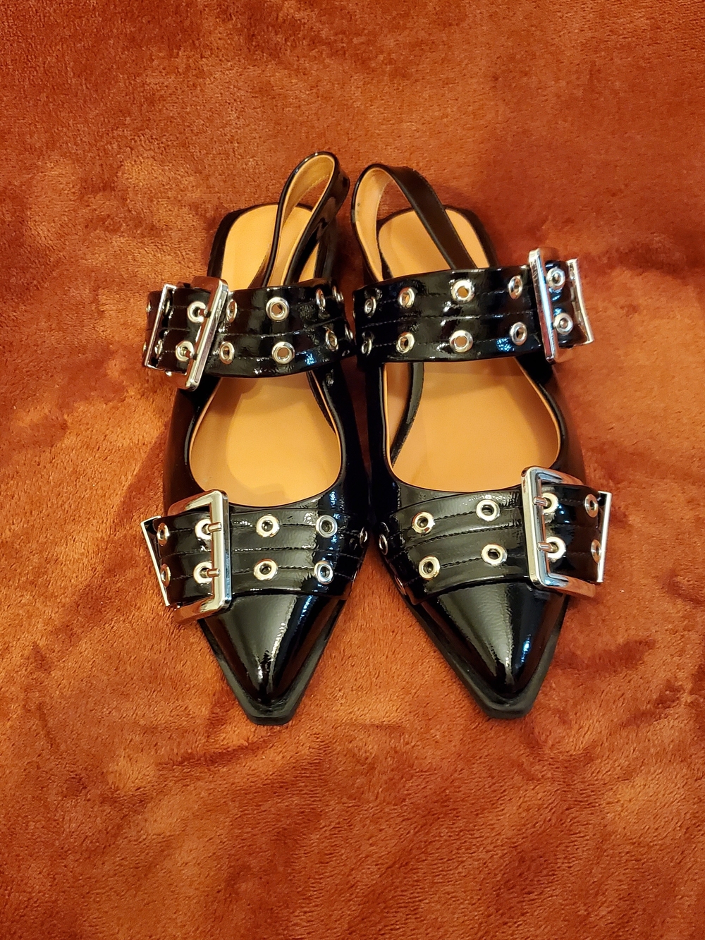 Patent Black Pointed Slingback Flats with Silver Buckle Accents